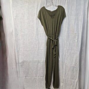GAP Olive Green Short Sleeve V-Neck Jumpsuit M Tall Elastic Waist Belted